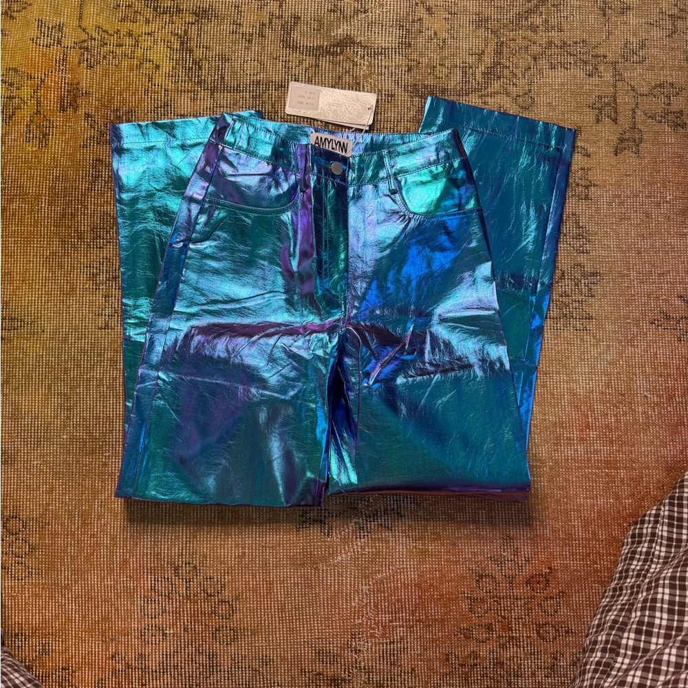 BNWT Amy Lynn Lupe Blue / Purple Metallic High Waisted Pants - Picture 3 of 5